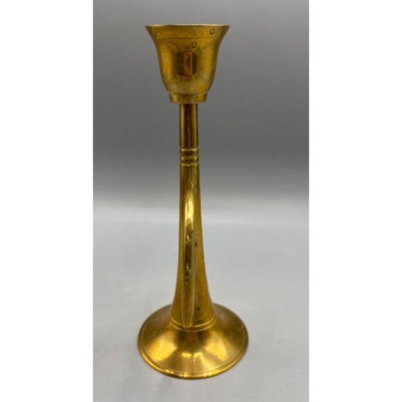 Vintage Brass Horn Candle Holder With Handle Elegant Gold Tapered Design - Picture 3 of 7